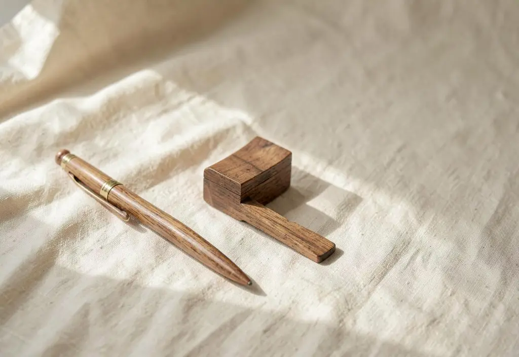 The Anelia’s Woodcraft artisan studio concept, showing a handcrafted wooden pen and the wood-variant configurator in a warm editorial layout