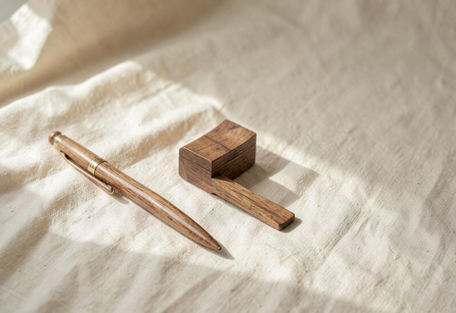 The Anelia’s Woodcraft artisan studio concept, showing a handcrafted wooden pen and the wood-variant configurator in a warm editorial layout