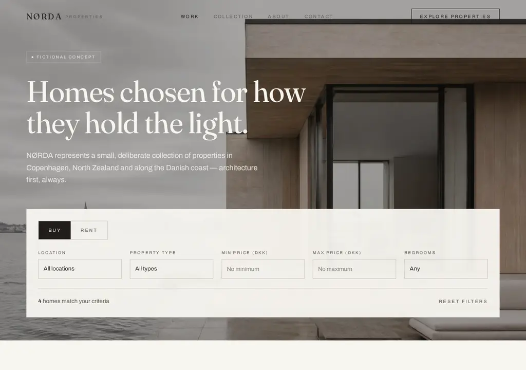 The NØRDA Properties real-estate concept, showing the hero section with a modern Scandinavian home and the property search interface