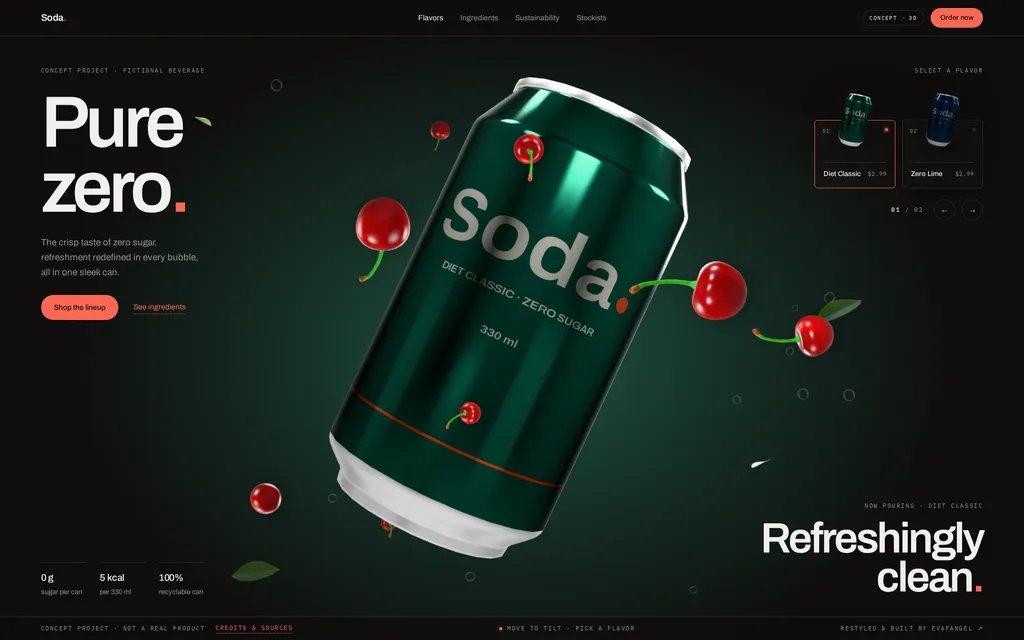 The Soda. 3D interactive beverage concept, showing a floating green Soda. can surrounded by cherries over the Pure zero hero on a dark background